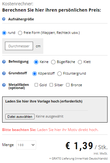 Screenshot des Preisrechners für gestickte Aufnäher