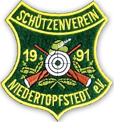 Gestickter Schützenvereins-Aufnäher auf grünem Filz mit Zielscheibe, gekreuzten Gewehren und Eichenlaub